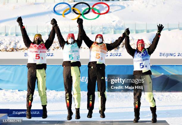 Bronze medallists Vanessa Voigt, Vanessa Hinz, Franziska Preuss and Denise Herrmann of Team Germany celebrate during Women's Biathlon 4x6km Relay...