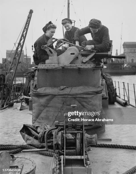 Quick-Firing Ordnance Wrens of the Women's Royal Naval Service undertake maintenance of a twin mounted 0.5 inch Vickers machine gun aboard a Royal...