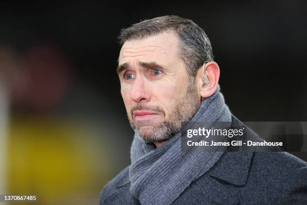Sport pundit Martin Keown looks on prior to the Premier League match between Wolverhampton Wanderers and Arsenal at Molineux on February 10, 2022 in...