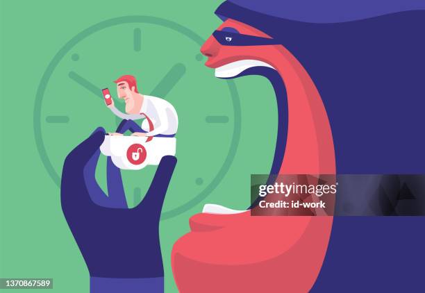 hacker going to eat tired businessman on cloud - tummy time stock illustrations