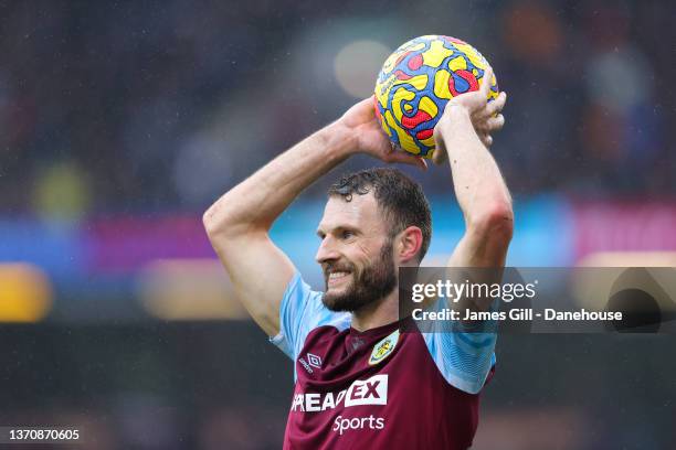 Erik Pieters of Burnley takes a throw-in during the Premier League match between Burnley and Liverpool at Turf Moor on February 13, 2022 in Burnley,...