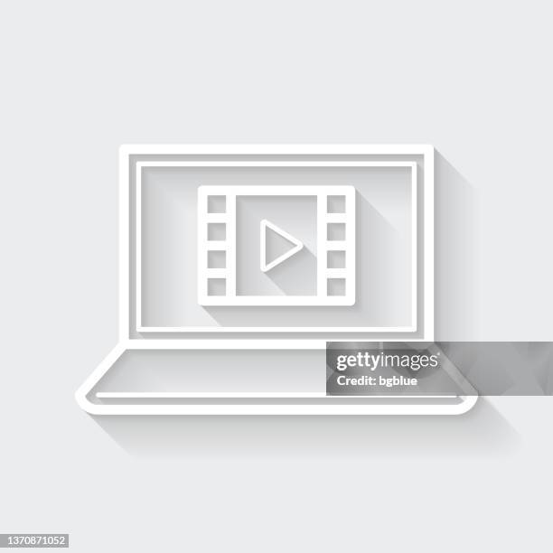 stockillustraties, clipart, cartoons en iconen met watch video on laptop. icon with long shadow on blank background - flat design - netflix