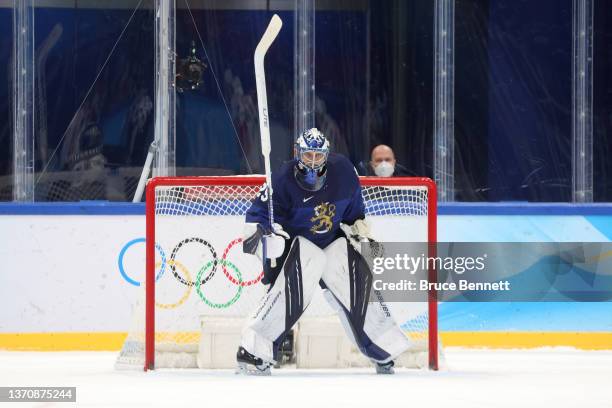 Harri Sateri, goaltender of Team Finland celebrates victory after the third period during the Men’s Ice Hockey Quarterfinal match between Team...