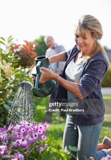 senior frau gießen blumen im garten mit gießkanne - adult woman garden flower stock-fotos und bilder