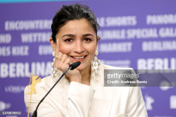 Alia Bhatt speaks at the "Gangubai Kathiawadi" press conference during the 72nd Berlinale International Film Festival Berlin at Grand Hyatt Hotel on...