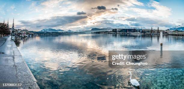 skyline view of luzern along lake lucerne - skyline luzern stock pictures, royalty-free photos & images