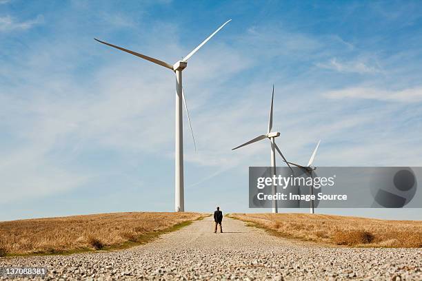 distant view of man in front of wind turbines - wind turbine california stock pictures, royalty-free photos & images