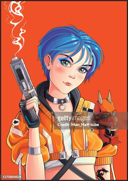 stockillustraties, clipart, cartoons en iconen met cyberpunk anime illustration - meisjes