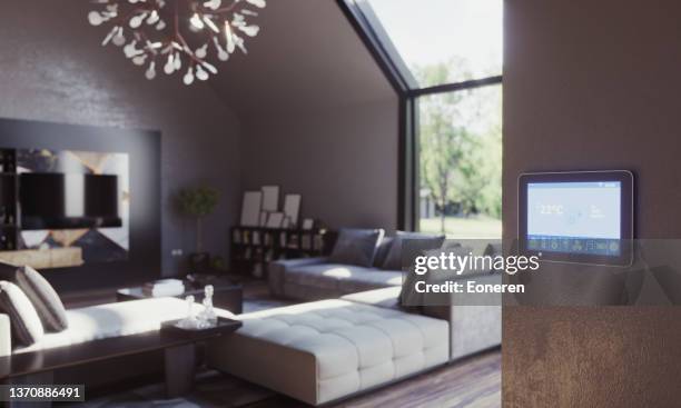 smart home control in living room - control room monitors stockfoto's en -beelden