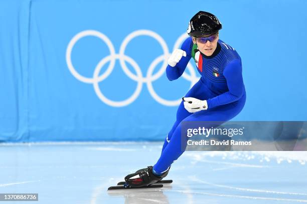 Arianna Fontana of Team Italy reacts after skating during the Women's 1500m Semifinals on day twelve of the Beijing 2022 Winter Olympic Games at...