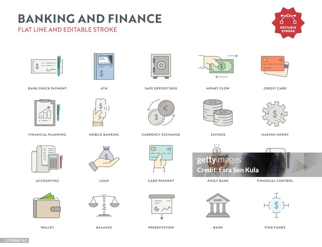 Banking and Finance Flat Line Icon Set with Editable Stroke