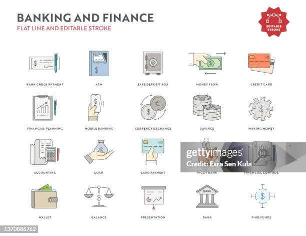 banking and finance flat line icon set with editable stroke - bank icon stock illustrations