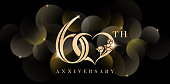 60th anniversary symbol with love or heart and sparkling glitter isolated black backgrounds. applicable for greeting cards, invitation, Wedding anniversary , banner and celebration company or business