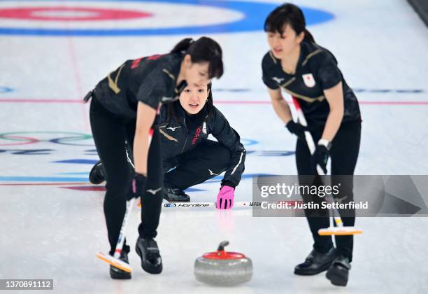 Satsuki Fujisawa of Team Japan competes against Team United States during the Women's Round Robin Session on Day 12 of the Beijing 2022 Winter...