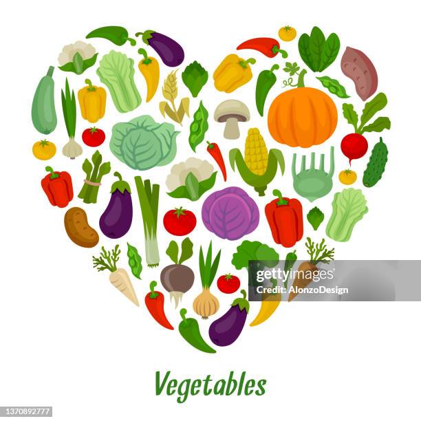 stockillustraties, clipart, cartoons en iconen met vegetables heart shape composition. fresh vegetables. organic food. - pastinaak