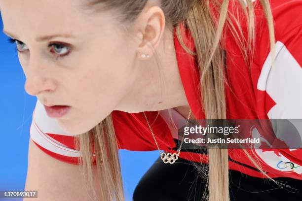 Detailed view of an Olympic Rings necklace worn by Jocelyn Peterman of Team Canada is seen while competing against Team China during the Women's...