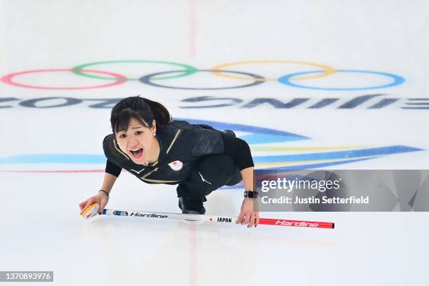 Chinami Yoshida of Team Japan reacts while competing against Team United States during the Women's Round Robin Session on Day 12 of the Beijing 2022...