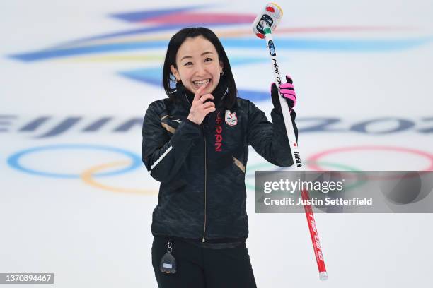 Satsuki Fujisawa of Team Japan reacts while competing against Team United States during the Women's Round Robin Session on Day 12 of the Beijing 2022...