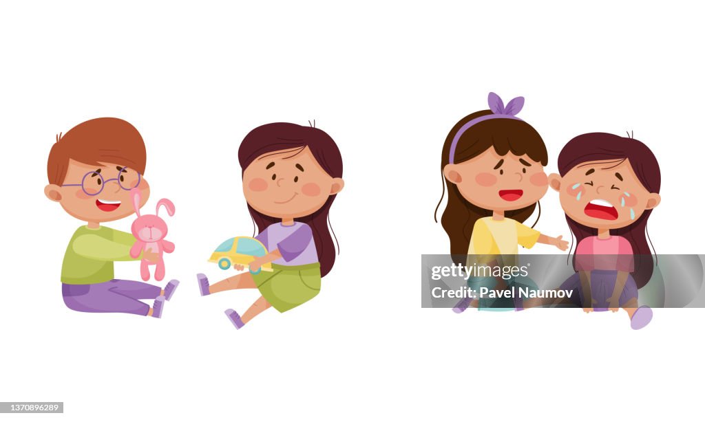 Friendly Little Kids Cheering Up Agemate and Sharing Toys Vector Set