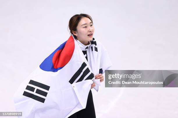 Minjeong Choi of Team South Korea celebrates winning the Gold medal during the Women's 1500m Final A on day twelve of the Beijing 2022 Winter Olympic...