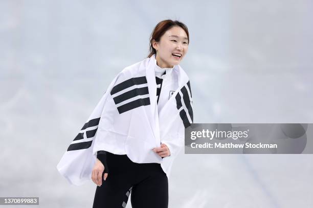 Minjeong Choi of Team South Korea celebrates winning the Gold medal during the Women's 1500m Final A on day twelve of the Beijing 2022 Winter Olympic...