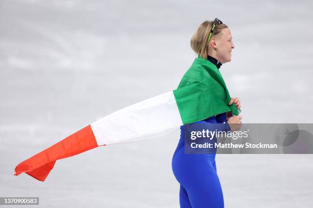 Arianna Fontana of Team Italy celebrates winning the Silver medal during the Women's 1500m Final A on day twelve of the Beijing 2022 Winter Olympic...