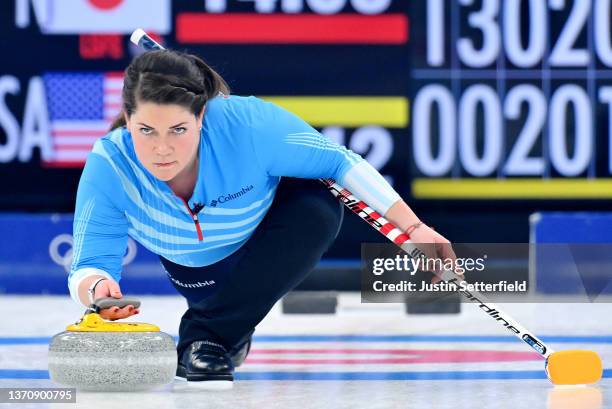Becca Hamilton of Team United States competes against Team Japan during the Women's Round Robin Session on Day 12 of the Beijing 2022 Winter Olympic...