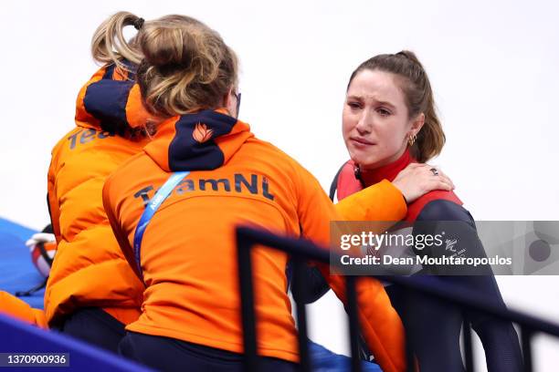 Suzanne Schulting of Team Netherlands reacts after winning the Bronze medal during the Women's 1500m Final A on day twelve of the Beijing 2022 Winter...