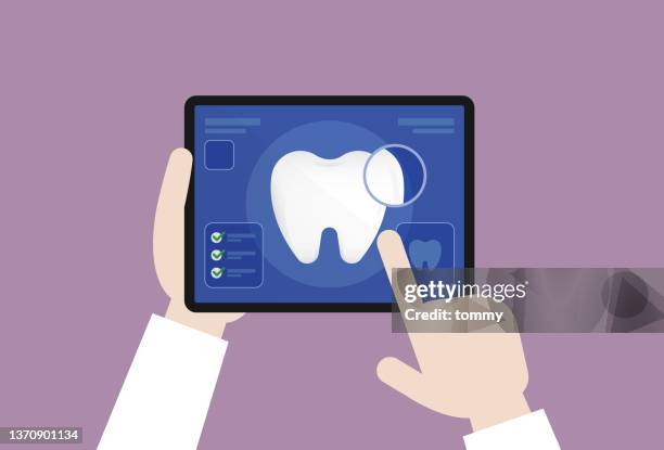 dentist checking a tooth with a tablet - mouthwash stock illustrations