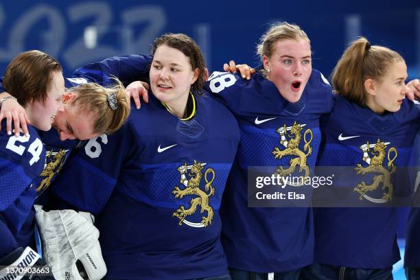 Anni Keisala and Ronja Savolainen of Team Finland celebrate after the Women’s Ice Hockey Bronze medal match between Team Finland and Team Switzerland...