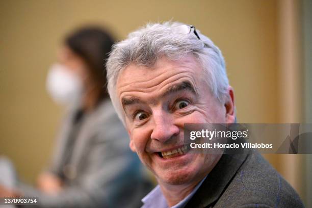 Ryanair Group CEO Michael O'Leary makes faces during a press conference in Lux Lisboa Park Hotel to announce Ryanair may be forced to cut the...