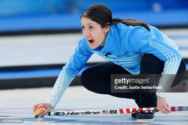 Tabitha Peterson of Team United States competes against Team Japan during the Women's Round Robin Session on Day 12 of the Beijing 2022 Winter...