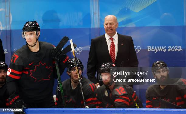 Head coach Claude Julien of Team Canada reacts in the first period during the Men’s Ice Hockey Quarterfinal match between Team Sweden and Team Canada...