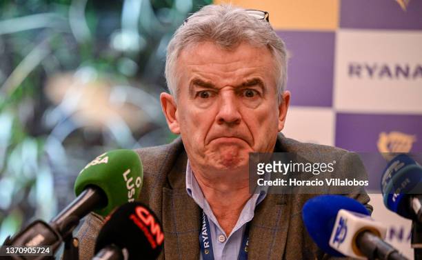 Ryanair Group CEO Michael O'Leary makes a face as he listens to a question during a press conference in Lux Lisboa Park Hotel to announce Ryanair may...