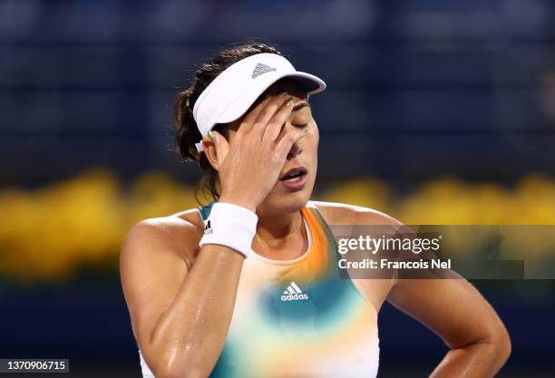 Garbine Muguruza of Spain reacts in her match against Veronika Kudermetova of Russia during day three of the Dubai Duty Free Tennis at Dubai Duty...