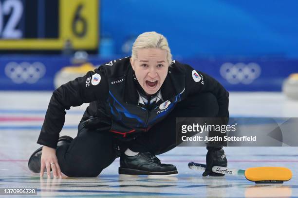 Julia Portunova of Team ROC competes against Team Sweden during the Women's Round Robin Session on Day 12 of the Beijing 2022 Winter Olympic Games at...