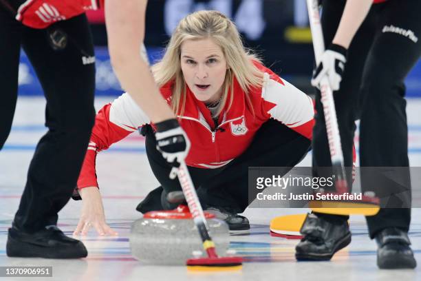 Jennifer Jones of Team Canada competes against Team China during the Women's Round Robin Session on Day 12 of the Beijing 2022 Winter Olympic Games...