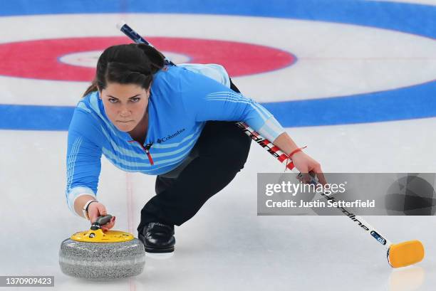 Becca Hamilton of Team United States competes against Team Japan during the Women's Round Robin Session on Day 12 of the Beijing 2022 Winter Olympic...