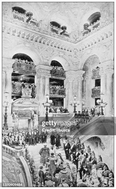 antike reisefotografien von paris und frankreich: einweihung des grand opera house - opera house stock-grafiken, -clipart, -cartoons und -symbole