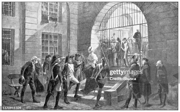 stockillustraties, clipart, cartoons en iconen met antique travel photographs of paris and france: marie antoinette trial and execution - franse revolutie