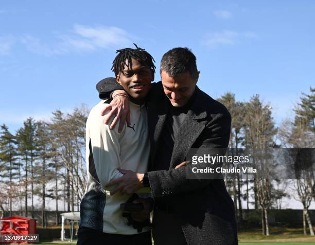 Technical Area Director AC Milan Paolo Maldini and Rafael Leao of AC Milan attend during an AC Milan training session at Milanello on February 16,...