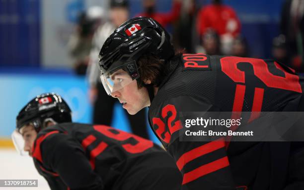 Owen Power of Team Canada looks on in the third period during the Men’s Ice Hockey Quarterfinal match between Team Sweden and Team Canada on Day 12...