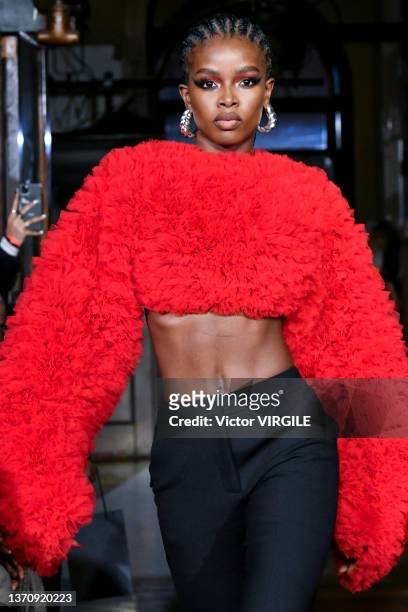 Model walks the runway during the LaQuan Smith Ready to Wear Fall/Winter 2022-2023 fashion show as part of the New York Fashion Week on February 14,...