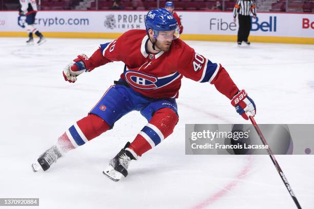 Joel Armia of the Montreal Canadiens skates against the Washington Capitals in the NHL game at the Bell Centre on February 10, 2022 in Montreal,...