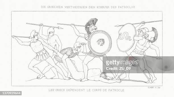 kampf um den leichnam des patroklos (ilias), stahlstich, 1833 - pike stock-grafiken, -clipart, -cartoons und -symbole