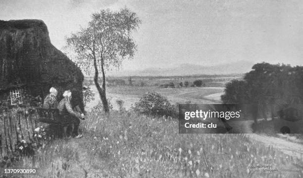 closing time: a couple sits on a bench at the farmhouse and looks into the distance - engraved images farm stock illustrations