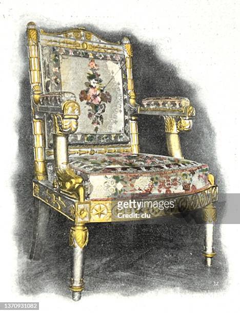 empire armchair, painted white and trimmed with gold, france, versailles - yvelines stock illustrations