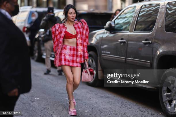 Jessica Wang is seen outside Carolina Herrera during New York Fashion Week on February 14, 2022 in New York City.