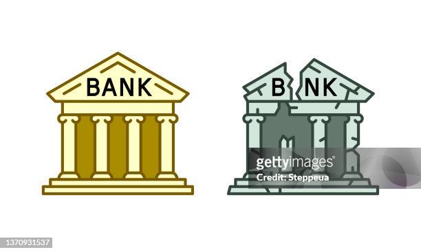 bank and broken bank icons - ruined stock illustrations