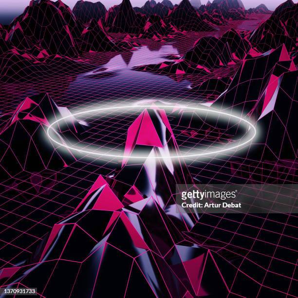 neon ring glowing in futuristic digital render with cyberspace landscape from another planet. - electronic music stock pictures, royalty-free photos & images